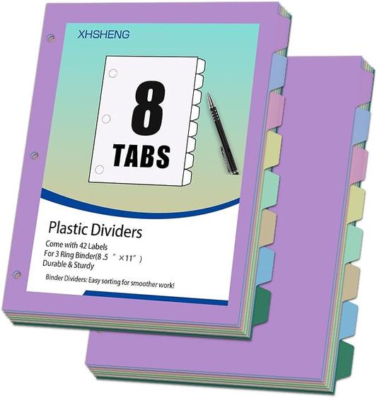 16Pcs/2 Sets Binder Dividers for 3 Ring Binder,8 Tab Binder Plastic Page dividers with Tab,tab dividers,Colored