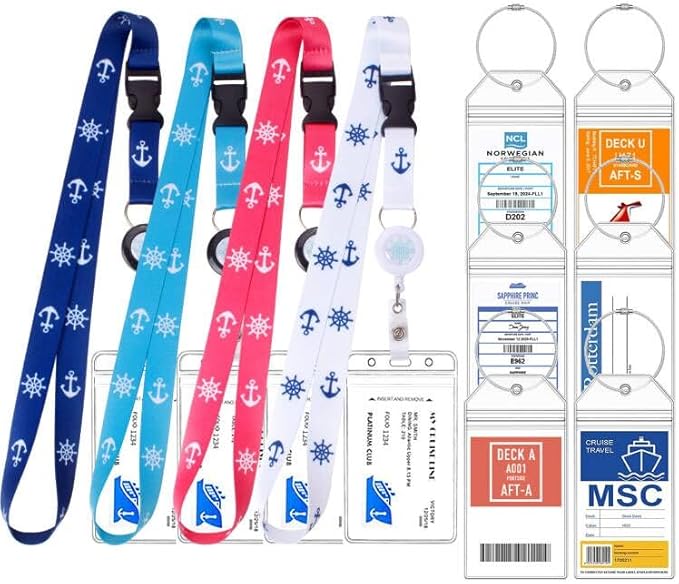 4 Retractable Lanyards with 6 Luggage Tag Holders, Zip Seal Clear Luggage Tag & Lanyard with Ship Card Holder for Carnival, NCL, MSC, Princess 2025-2026, Cruise Ship Essentials