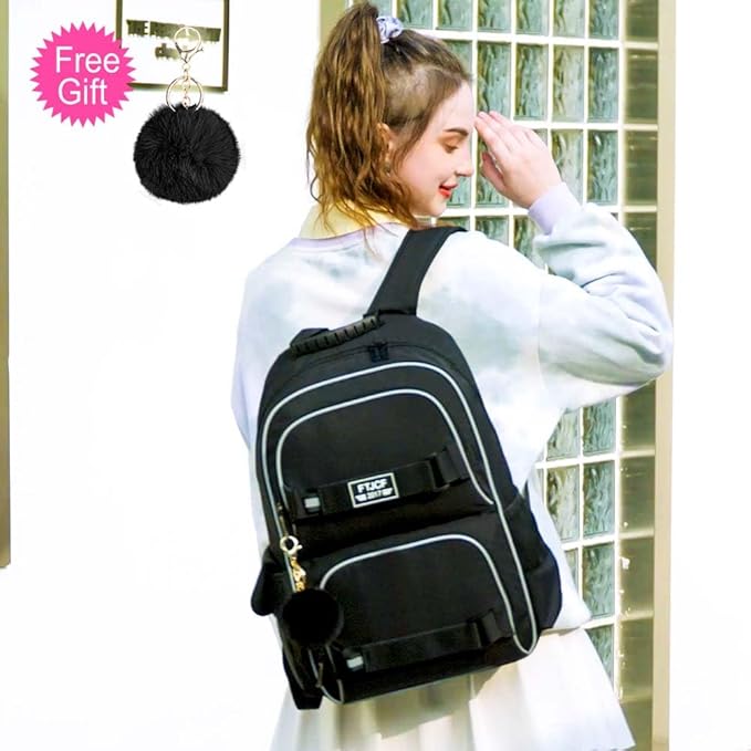 3PCS School Backpack for Girls and Boys, 17" Water Resistant Laptop Backpacks with Lunch Box, Cute Black Bookbag Set for Women Men College Teenagers High Middle Elementary School