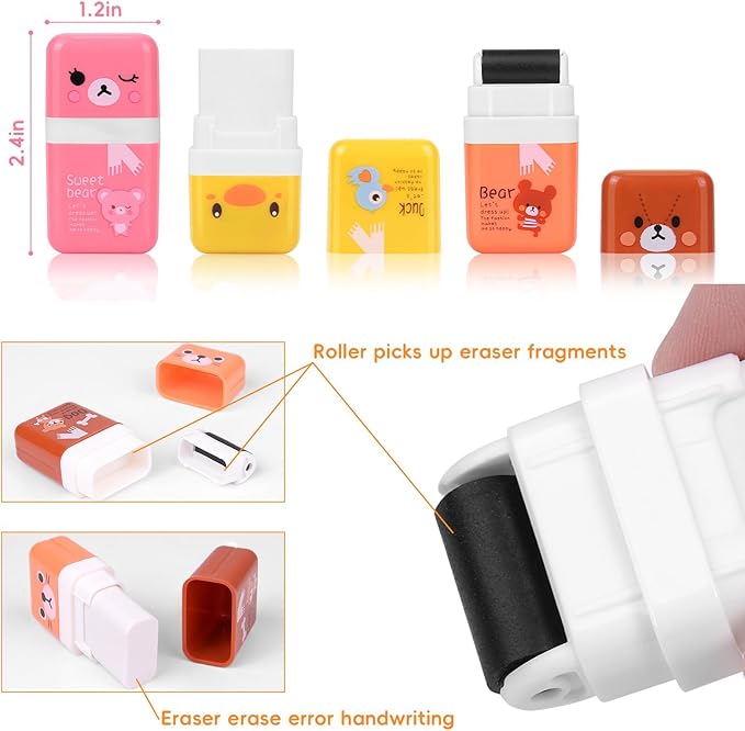 12Pack of Pencil Erasers,Pencil Eraser Shaving Roller Case for Easy Pick Up and Removal | Animal Themed Cute and Fun Party Favor and School Supplies for Kids,Back to School Gift