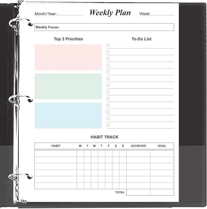3-Hole Weekly Planner Refills - 53 Sheets/106 Pages Colorful Weekly Planner for 3 Ring Binders, 100 gsm White Paper, 8.5'' x 11''