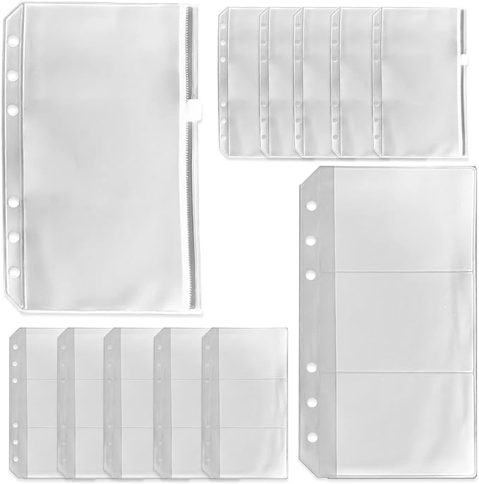 12PCS A6 Size Binder Pockets, Zipper Binder Pocket, 3-Pockets Storing Bag, Two Types, Clear 6-Hole Binder Zipper Folders, Waterproof PVC Zipper Loose Leaf Bags for Home Office School Supplies