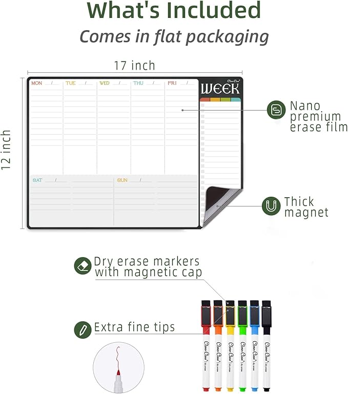 Magnetic Dry Erase Weekly Calendar - 17"x12" Weekly Planner for Fridge - 6 Extra Fine Point Markers Included - Shipped Flat