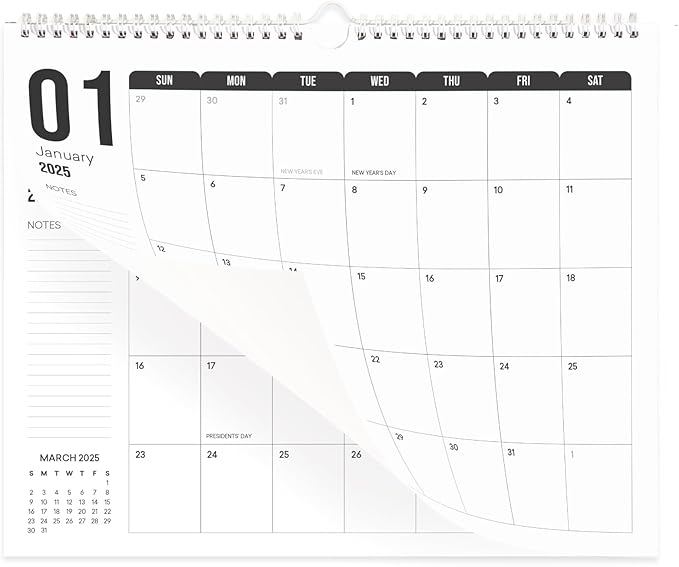 Makaplan Black & White Horizontal Coil Wall Calendar 2025-18 Month Calendar January 2025 to June 2026, 11x13.5 Inches Sleek Black & White Design with Spiral Twin-Wire Binding