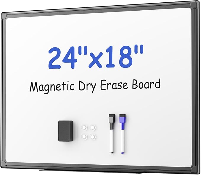 VUSIGN Black Aluminum Magnetic White Board 24" x 18" with Dry-Erase Eraser, Multicolor Markers, Magnetic Pins for Office, Home, School