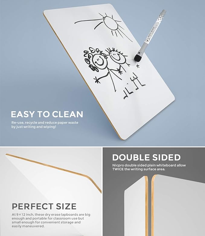 Nicpro 9 x 12 inches Lapboard Small Dry Erase Lap Board Double Sided with 3 Water-Based Pens Learning Mini Whiteboard Portable for Kid Student and Classroom Use