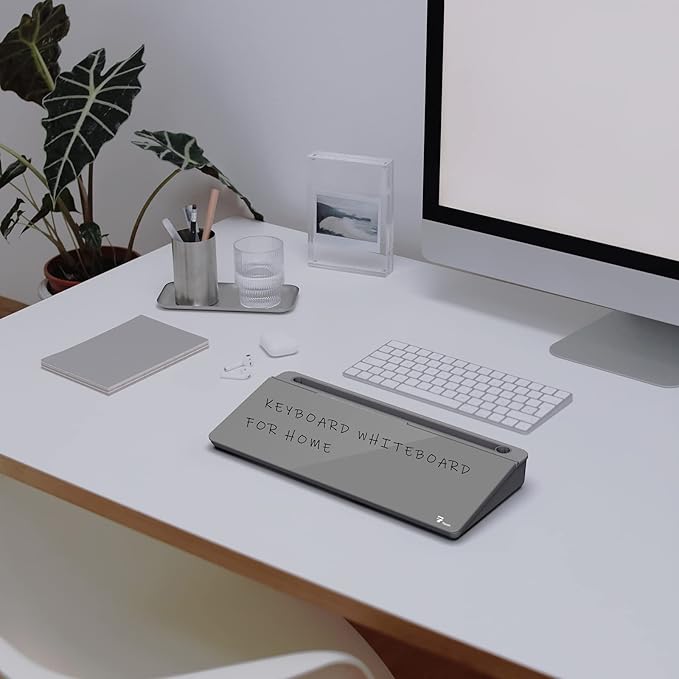 TOWON Small Tilted Desktop Glass Whiteboard, Notepad Computer Keyboard Stand with Dry Erase Board Surface, Desk Organizers with Accessories for Office, Home, School Supplies, Gray, 18 x 6 Inches