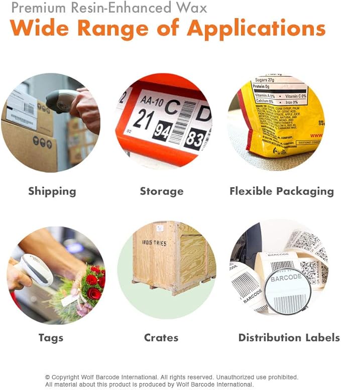 12 Rolls Wolfbarco 1.57" x 1476' (40mm x 450m) Black Premium Resin-Enhanced Wax Thermal Transfer Ribbon Compatible with Zebra,TEC, INTERMEC,Citizen,TSC,GODEX,ARGOX Printers