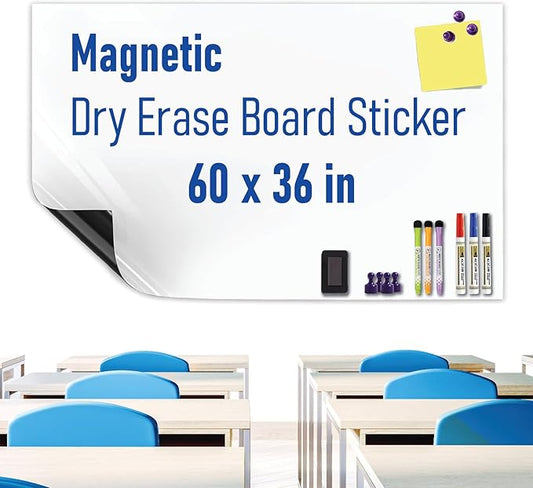 Magnetic Whiteboard Sticker - Adhesive Backing 60'' x 36'' Dry Erase Board for Wall Whiteboard Contact Paper for Kids Office Home Include Marker Magnet Eraser