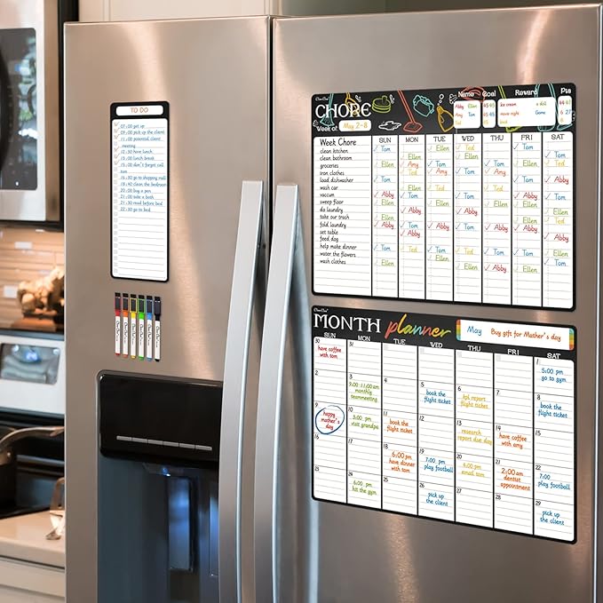 Magnetic Dry Erase Chore Chart & Monthly Planner - 17x12 Chore Chart & Monthly Calendar - 4"x12" List Pad - 6 Extra Fine Point Markers Included - Shipped Flat