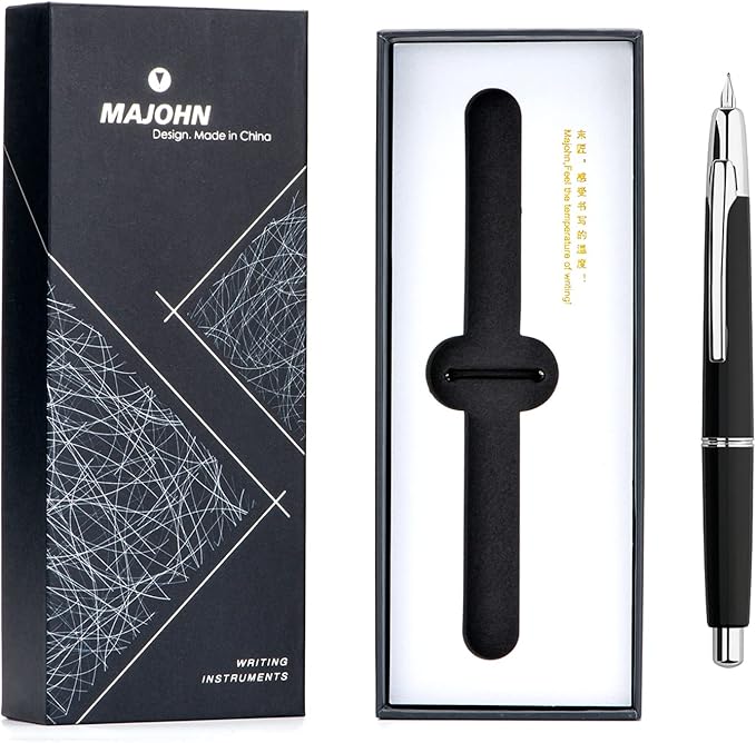 Majohn A2 Press Fountain Pen Extra Fine Nib with Box, Retractable Black Resin Ink Pen with Converter Writing Pen Set (Silver Clip Version)