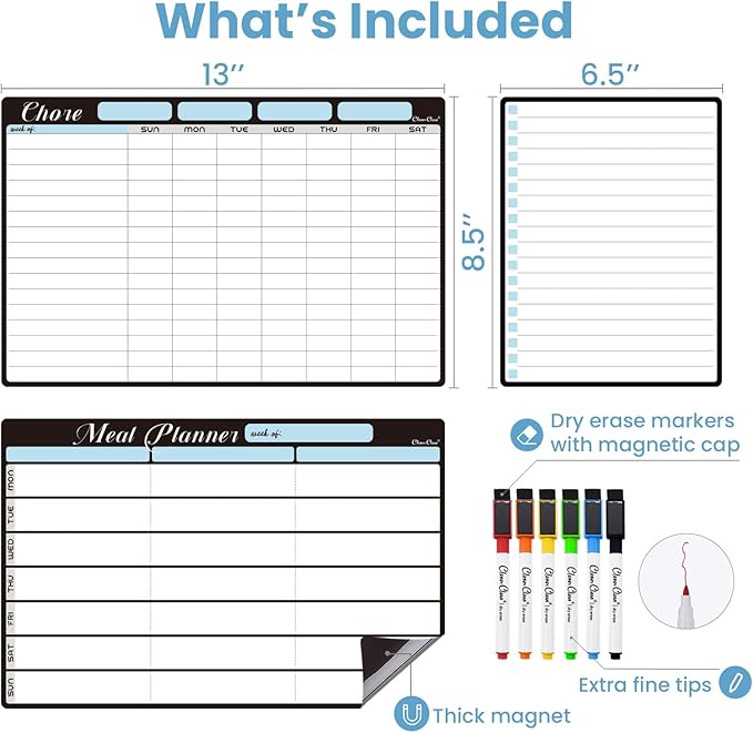 Magnetic Dry Erase Chore Chart and Menu Board - 8.5"x13" Chore Board and Meal Planner for Fridge - 6.5"x8.5" List Board and 6 Extra Fine Point Markers Included - Shipped Flat