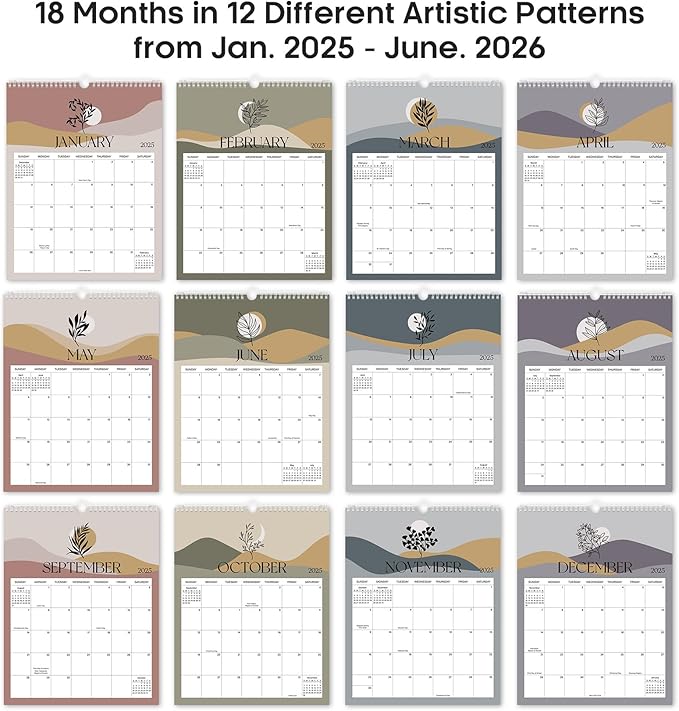 2025 Wall Calendar, Monthly Wall Calendar from January 2025 to June 2026, 14.7" x 11.5", Spiral Binding Hanging Wall Calendar, Perfect for Home or Office, Boho Theme