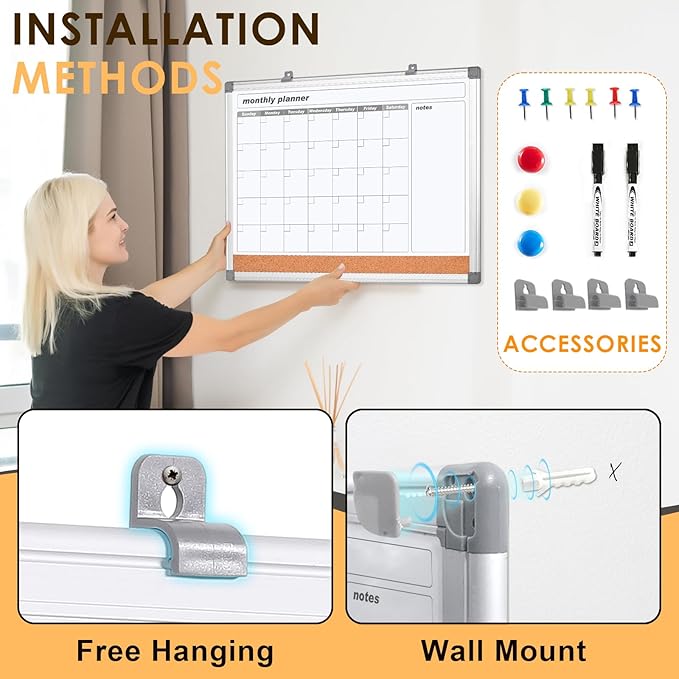 MAKELLO Dry Erase Calendar for Wall 36x24 in, Large Calendar Whiteboard with Cork Board for Office, Home, School, Family, Kitchen and Bedroom, 3' x 2'