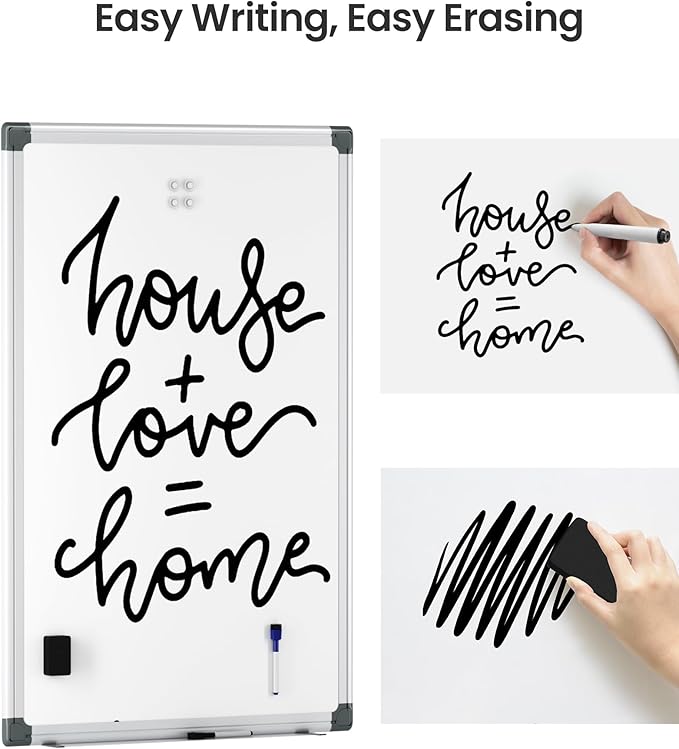 VUSIGN 12PCS Magnetic White Board Kit for Wall 36" x 24", 12 Dry Eraser & 24 Multicolor Markers & 48 Magnetic Pins, Sliver Reinforced Aluminum Frame for Home, School, Office