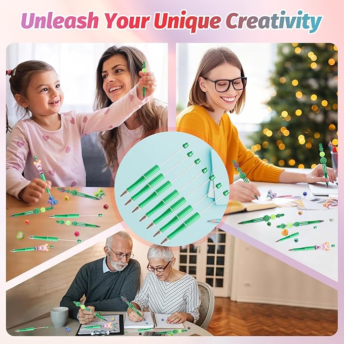 15 Pieces Beadable Pens - Beaded Pens Plastic Diy Black Ink Ballpoint Pens Bulk - Bead Pens Suitable For Teacher, Students, Office, School, Graduation Gift Supplies(Green)