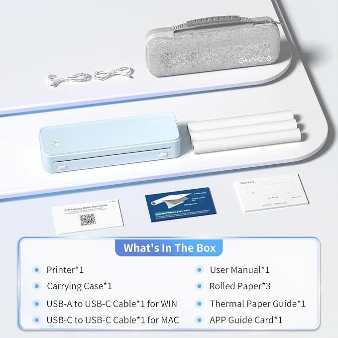 300DPI Portable Printer Wireless for Travel, Inkless Small Bluetooth Printers for Home Use, Compatible with Mobile Phone & Laptop, Support 8.5 x 11 Inch & A4 Thermal Printer Paper, Blue