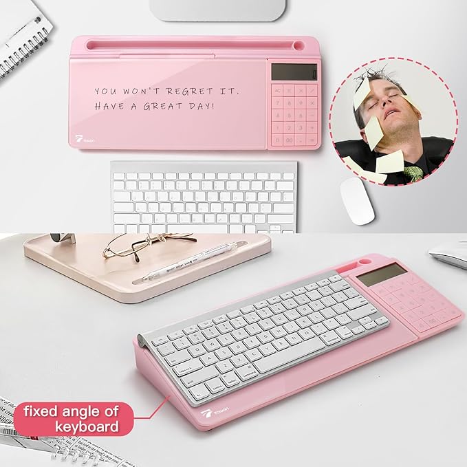 TOWON Desktop Whiteboard with Electronic Calculator and Mirror, Pink Desk Glass Whiteboard Organized, Glass Desktop Dry Erase Board with Accessories for Home Office Supply, Keyboard Dry Erase Notepad