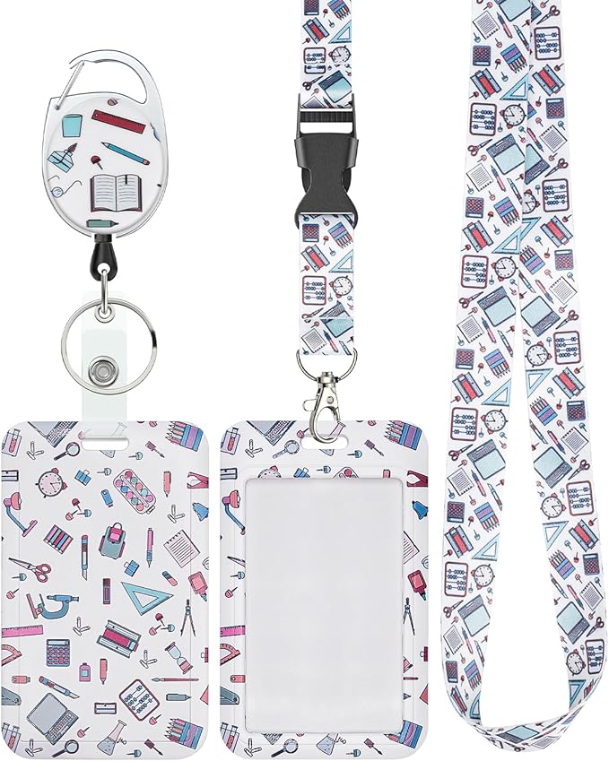 Uniclife Fashionable Sliding Badge Holder Stationery Pattern Plastic Case with Retractable Badge Reel Carabiner Clip & Detachable Lanyard Strap Vertical Card Protector for Women Nurse Teacher Student