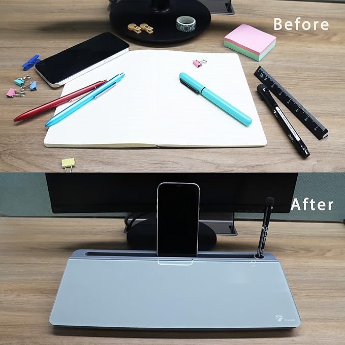 TOWON Small Tilted Desktop Glass Whiteboard, Notepad Computer Keyboard Stand with Dry Erase Board Surface, Desk Organizers with Accessories for Office, Home, School Supplies, Gray, 18 x 6 Inches