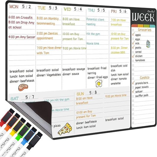 Magnetic Dry Erase Weekly Calendar - 17"x12" Weekly Planner for Fridge - 6 Extra Fine Point Markers Included - Shipped Flat