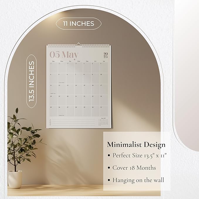 Makaplan Beige & Gray vertical Coil Wall Calendar 2025-18 Month Calendar January 2025 to June 2026, 11x13.5 Inches Sleek Modern Design with Spiral Twin-Wire Binding