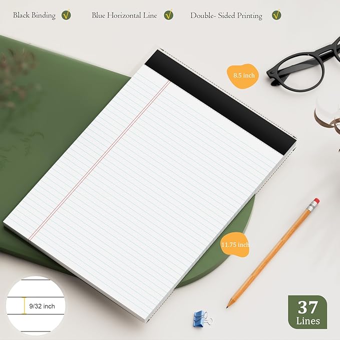 12 Pack of Legal Pads 8.5 x 11.75 College Ruled Notebook White Paper Note Pad Narrow Ruled 30 Sheets Notepads Perforated Writing Pad Clear Print 8x11 Legal Pads Pads of Paper