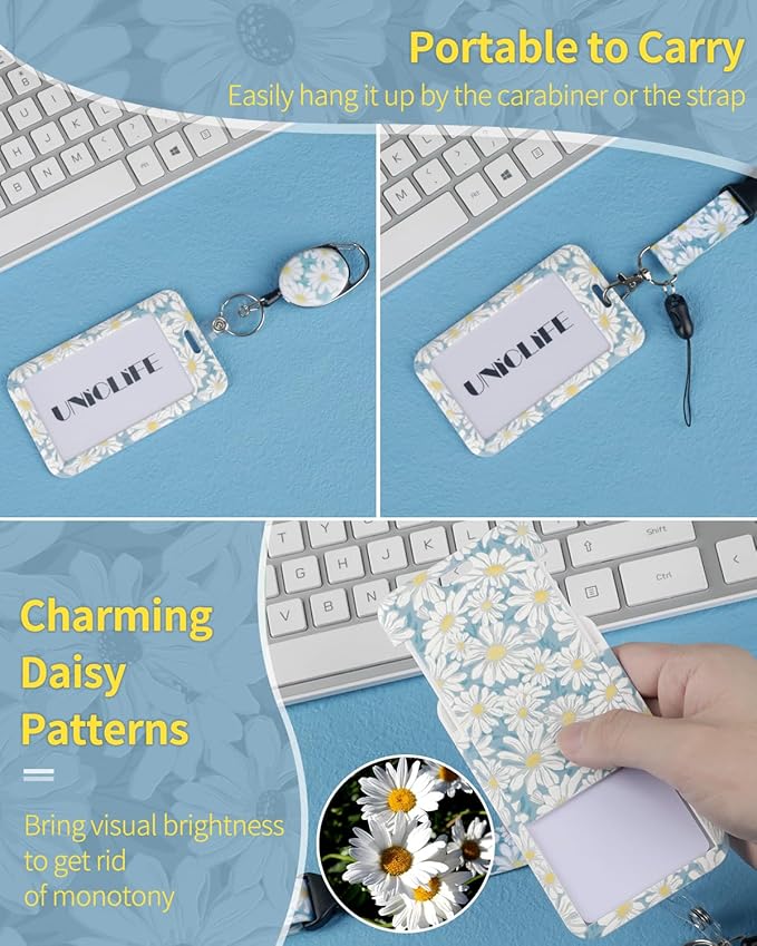Uniclife Floral Sliding Badge Holder Daisy Flower Plastic Case with Retractable Badge Reel Carabiner Clip & Detachable Lanyard Strap Fashionable Vertical Card Protector for Women Nurse Teacher Student