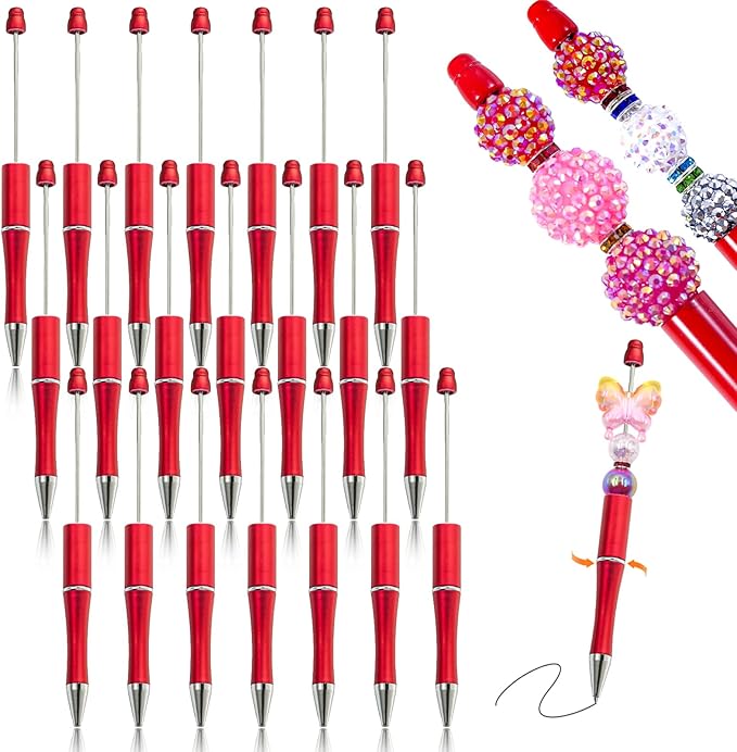 15 Pieces Beadable Pens - Beaded Pens Plastic Diy Black Ink Ballpoint Pens Bulk - Bead Pens Suitable For Teacher, Students, Office, School, Graduation Gift Supplies(Red)
