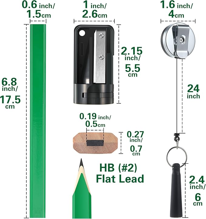 14 Pcs Carpenter Pencils, 7 Inches Flat Octagonal Hard Black Woodworking Construction Pencils Heavy Duty with Pencil Sharpener and Retractable Pencil Holder for Contractor Carpentry (Green)