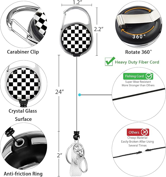 Black and White Checkered Lanyards for Id Badges, Cute Badge Reel Heavy Duty with Carabiner Clip, Fashionable ID Badge Holder with Breakaway Lanyard, Teacher Nurse Office Christmas Gifts