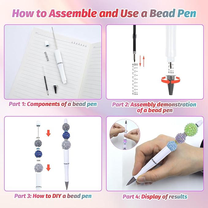 15 Pieces Beadable Pens - Beaded Pens Plastic Diy Black Ink Ballpoint Pens Bulk - Bead Pens Suitable For Teacher, Students, Office, School, Graduation Gift Supplies(White)