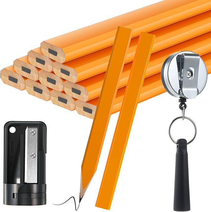 14 Pcs Carpenter Pencils, 7 Inches Flat Octagonal Hard Black Woodworking Construction Pencils Heavy Duty with Pencil Sharpener and Retractable Pencil Holder for Contractor Carpentry (Yellow)