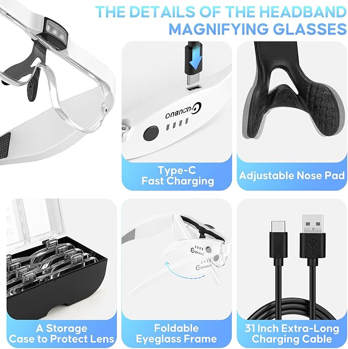 Magnifying Glass with Light, 1.5X-5.0X Magnifying Glasses, Rechargeable Magnifying Headset with Light, Head Magnifier with 4 Detachable Lenses, Magnifying Glasses for Close Work Crafts Jewelry