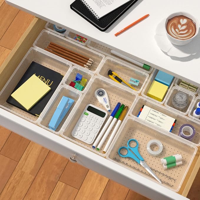 63 PCS Clear Plastic Drawer Organizers Set, 4-Size Versatile Bathroom and Vanity Organizer Trays, Non-Slip Storage Containers for Makeup, Jewelries, Bedroom,Kitchen Utensils and Office