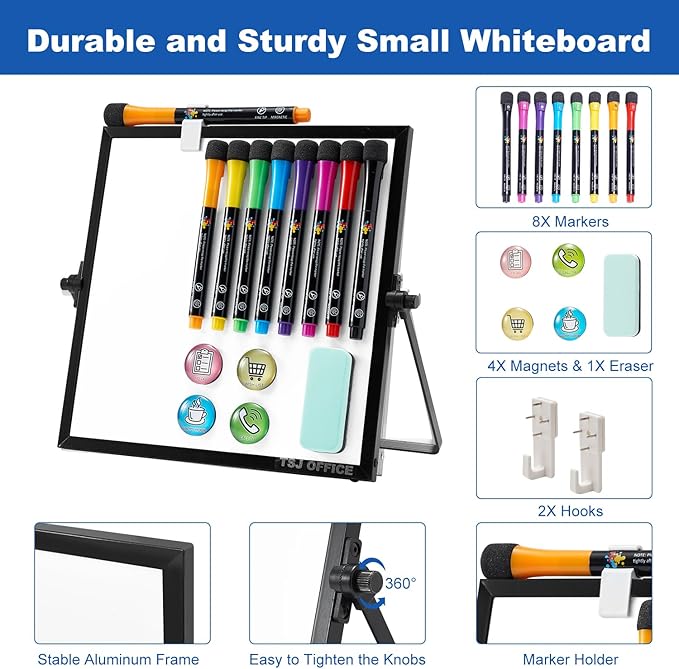 Small Magnetic Desktop White Board – Portable Mini Easel Dry Erase Whiteboard for Students Double Side to Do List Dry Erase Board with Stand for Office, School, Home 10 x 10 inches
