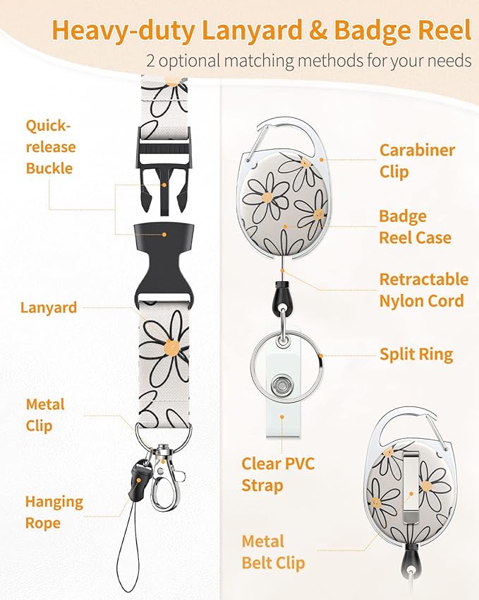 Uniclife 2 Pack Floral Sliding Badge Holder Flower Leaves Plastic Case with Retractable Badge Reel Carabiner Clip and Detachable Lanyard Strap Hard Vertical Card Protector for Women Nurse Teacher