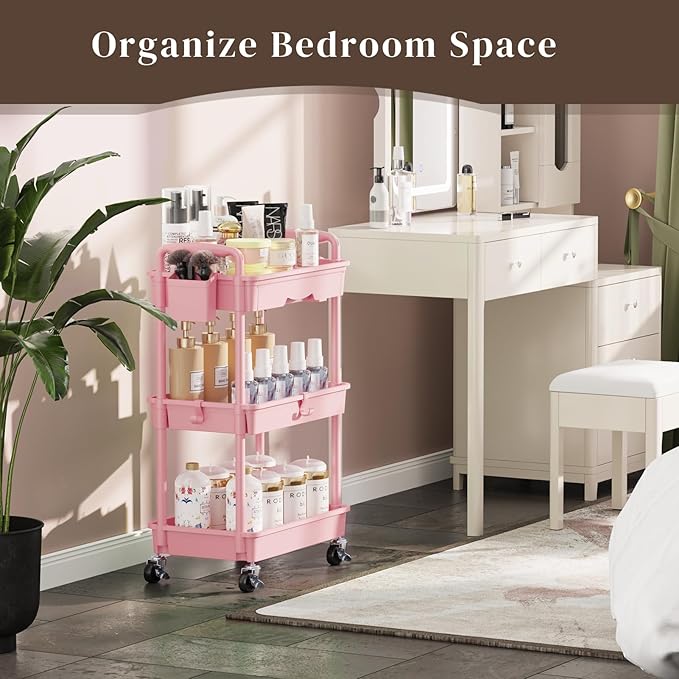 3 Tier Rolling Utility Cart with Drawer, Utility Storage Organizer with Plastic Shelf & Lockable Wheels Multifunctional Storage Cart for Kitchen, Bathroom, Office, Living Room, Pink