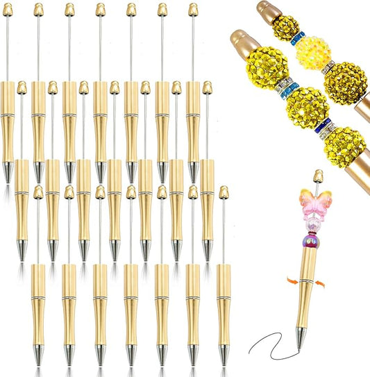 15 Pieces Beadable Pens - Beaded Pens Plastic Diy Black Ink Ballpoint Pens Bulk - Bead Pens Suitable For Teacher, Students, Office, School, Graduation Gift Supplies(Golden)