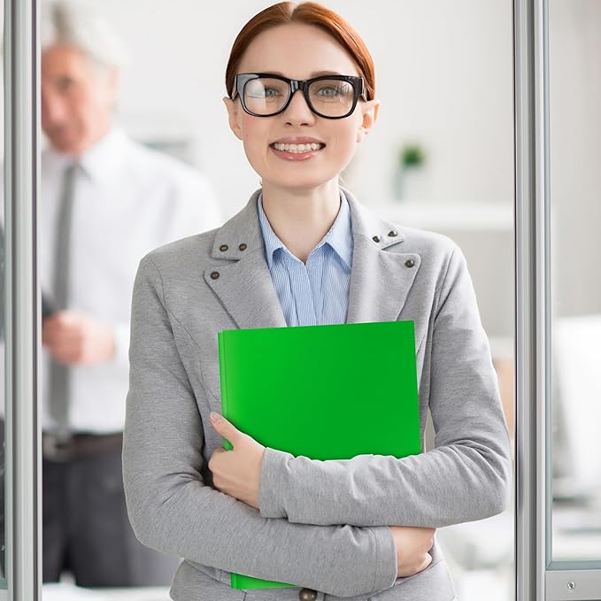 12-Pack Plastic Folders with Pockets and Prongs,2-Pocket Folders with 3 Fasteners, Poly Folders Holds 8-1/2" x 11" Paper for School/Office/Home, Green