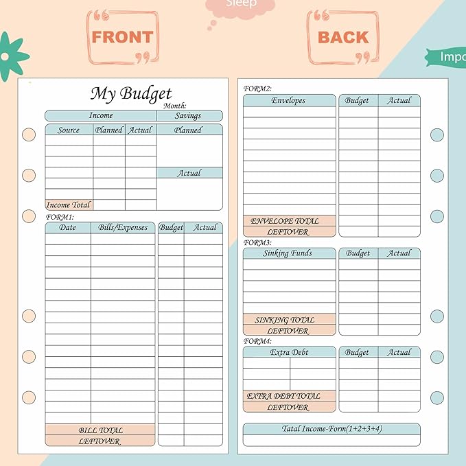 164 Sheets 6 Hole Budget System Refill 37.4 x 66.93 Inch Classic Weekly Monthly A6 Planner Inserts Personal Double Sided 6 Ring Planner Refill for Binder Cover Budgeting Envelope Wallet Bill Saving