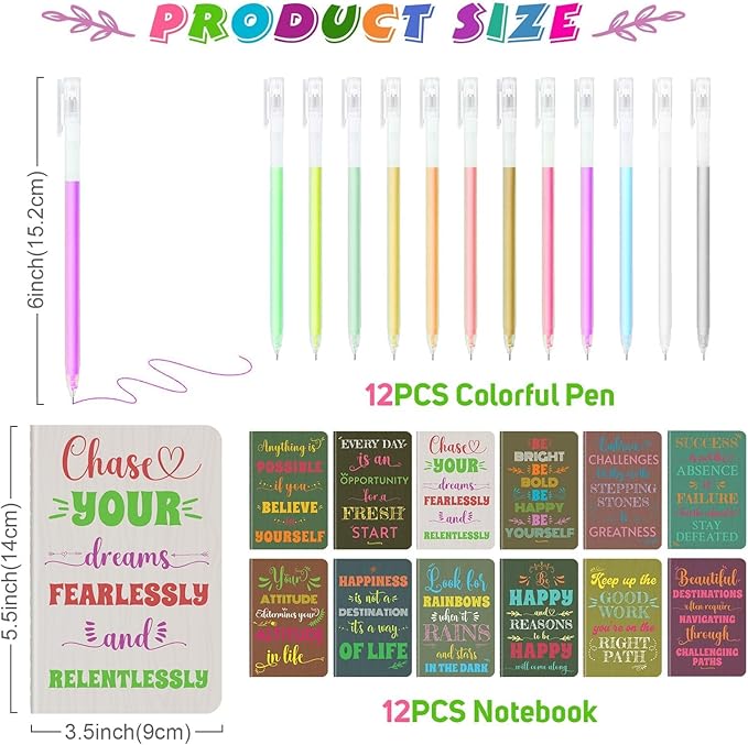 12 Pcs Mini Inspirational Notebooks Bulk with 12 Pcs Colorful Pens, Small Pocket Journal Notepads Set, Motivational Bulk Gifts for Women Men Teacher Student Kids,Fun School Office Supplies,3.5"x5.5"
