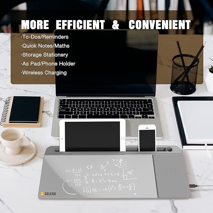 SELEAD Desktop Glass Whiteboard with Wireless Charger Station, Dry Erase White Board Computer Pad Keyboard Stand with Organizer for Home, School, Office Desk Accessories, Gray