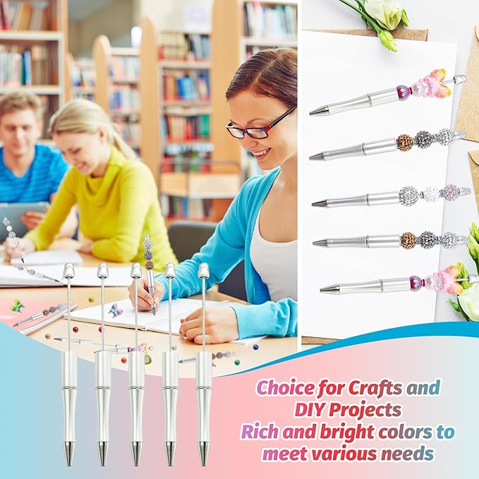 15 Pieces Beadable Pens - Beaded Pens Plastic Diy Black Ink Ballpoint Pens Bulk - Bead Pens Suitable For Teacher, Students, Office, School, Graduation Gift Supplies(Silver)