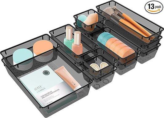 13 PCS Clear Plastic Drawer Organizers Set, 4 Size Desk Drawer Organizer Trays for Makeup, Jewelry, Kitchen Utensils, Gadgets and Office Accessories, Black