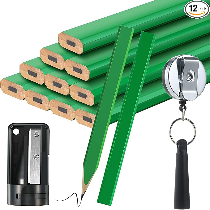 14 Pcs Carpenter Pencils, 7 Inches Flat Octagonal Hard Black Woodworking Construction Pencils Heavy Duty with Pencil Sharpener and Retractable Pencil Holder for Contractor Carpentry (Green)