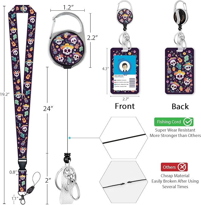 Giancomics Day of The Dead Lanyards for Id Badges, Sugar Skull ID Badge Holder with Lanyard Badge Reel Retractable, Spooky Lanyard with ID Holder Keychain Clip Name Tag ID Card Holder Women Office