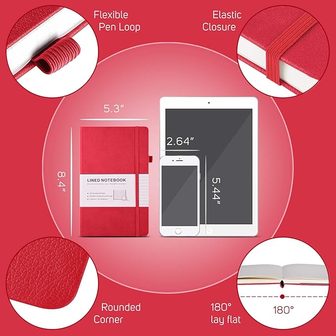 MALEDEN 7 Pack Lined Journal Notebook, Hardcover PU Leather Notebook for Men Women, 100 GSM Thick Numbered Pages with Index Content, Inner Pockets, Bookmarks, A5 Ruled Writing Journal Bulk (Red)