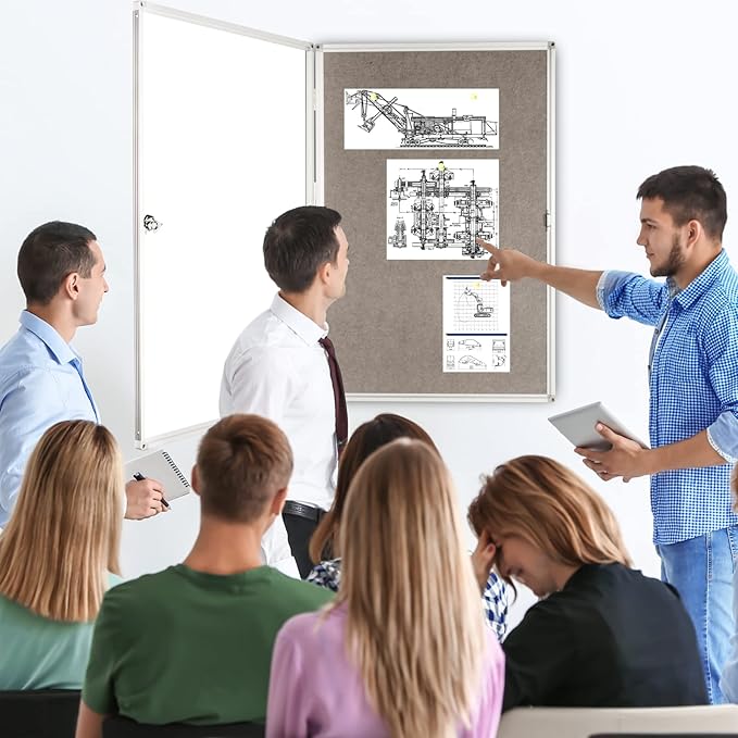 Enclosed Bulletin Board Lockable Display Case Message Board with Locking Door for Indoor, Grey Felt, Aluminum Frame, 36 X 24 in