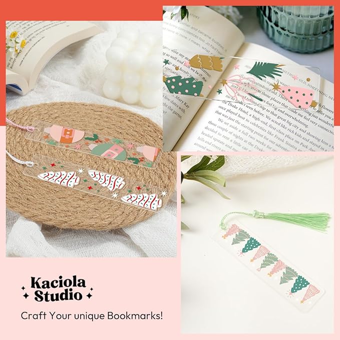 48PCS Bookmark Making Kit, 24 Acrylic Bookmark Blanks with 24Pcs Tassels, 24UV Stickers about Christmas Theme, DIY Blank Bookmarks Waterproof UV DTF Transfers Stickers for Clear Bookmarks DIY Projects